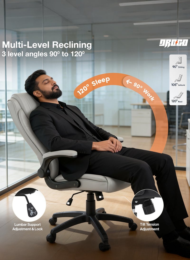 DROGO Ergonomic Premium Leatherette Office Chair for Work at Home, Computer Chair with Flip-Up Armrest, Height Adjustable Leather Seat, Cushioned Headrest, & Lumbar Support | Desk Chair with Multi Level Reclining Grey - Image 4